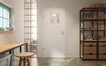 Front-Milieuansicht von GARANT Schallschutztür D354-60 Designer White Resopal mit Lichtausschnitt LA-9