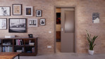 Front-Milieuansicht von der in der Wand laufenden Schiebetür Taupe RAL 7048 Lack LA 7 Basic - Huga