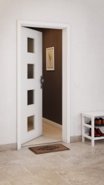 CloseUp-Milieuansicht von GARANT Wohnungseingangstür D354-60 Designer White Resopal mit Lichtausschnitt LA-10