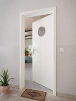 CloseUp-Milieuansicht von GARANT Wohnungseingangstür 0135-60 Rain Resopal mit Lichtausschnitt LA-12