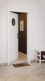 CloseUp-Milieuansicht von GARANT Wohnungseingangstür D354-60 Designer White Resopal mit Lichtausschnitt LA-12