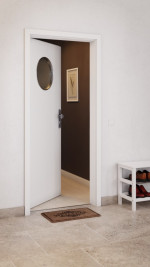 CloseUp-Milieuansicht von GARANT Wohnungseingangstür D354-60 Designer White Resopal mit Lichtausschnitt LA-13