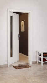 CloseUp-Milieuansicht von GARANT Wohnungseingangstür Authentic Bianco CePaL mit Lichtausschnitt LA-4 bandseitig