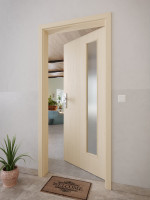 CloseUp-Milieuansicht von GARANT Wohnungseingangstür Authentic Sand CePaL mit Lichtausschnitt LA-4 bandseitig