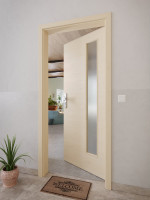 CloseUp-Milieuansicht von GARANT Wohnungseingangstür Quer Authentic Sand GCK08 mit Lichtausschnitt LA-4 bandseitig