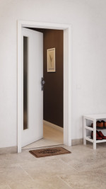 CloseUp-Milieuansicht von GARANT Wohnungseingangstür D354-60 Designer White Resopal mit Lichtausschnitt LA-4 bandseitig