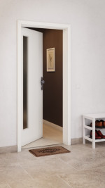CloseUp-Milieuansicht von GARANT Wohnungseingangstür U11026SD Kristallweiß GHK08 mit Lichtausschnitt LA-4 bandseitig