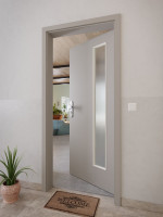 CloseUp-Milieuansicht von GARANT Wohnungseingangstür U12115SD Platingrau GHK08 mit Lichtausschnitt LA-4 bandseitig