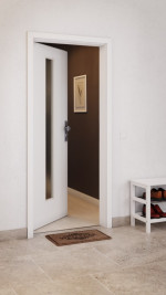 CloseUp-Milieuansicht von GARANT Wohnungseingangstür D354-60 Designer White Resopal mit Lichtausschnitt LA-4 mittig