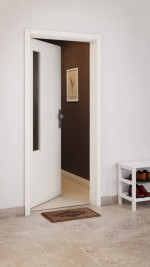 CloseUp-Milieuansicht von GARANT Wohnungseingangstür 0105-60 Pearl White CePaL mit Lichtausschnitt LA-5 bandseitig