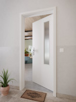 CloseUp-Milieuansicht von GARANT Wohnungseingangstür 0160-60 Silver Grey CePaL mit Lichtausschnitt LA-5 bandseitig