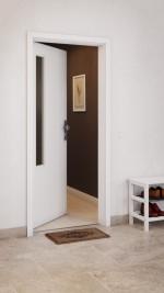 CloseUp-Milieuansicht von GARANT Wohnungseingangstür D354-60 Designer White Resopal mit Lichtausschnitt LA-5 bandseitig