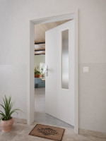CloseUp-Milieuansicht von GARANT Wohnungseingangstür D92-60 Dove Grey Resopal mit Lichtausschnitt LA-5 bandseitig