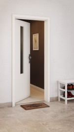 CloseUp-Milieuansicht von GARANT Wohnungseingangstür 0105-60 Pearl White CePaL mit Lichtausschnitt LA-5 mittig