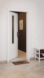 CloseUp-Milieuansicht von GARANT Wohnungseingangstür D354-60 Designer White Resopal mit Lichtausschnitt LA-5 mittig