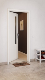 CloseUp-Milieuansicht von GARANT Wohnungseingangstür 0105-60 Pearl White CePaL mit Lichtausschnitt LA-5 schlossseitig