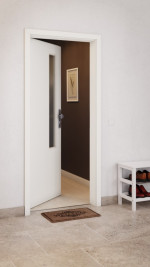 CloseUp-Milieuansicht von GARANT Wohnungseingangstür U11026SD Kristallweiß GHK08 mit Lichtausschnitt LA-5 schlossseitig