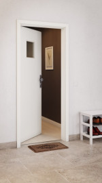 CloseUp-Milieuansicht von GARANT Wohnungseingangstür U11026SD Kristallweiß GHK08 mit Lichtausschnitt LA-7