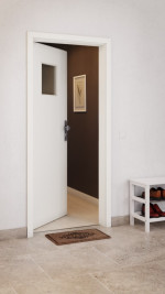 CloseUp-Milieuansicht von GARANT Wohnungseingangstür U11026SD Kristallweiß GHK08 mit Lichtausschnitt LA-8