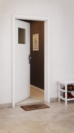CloseUp-Milieuansicht von GARANT Wohnungseingangstür D354-60 Designer White Resopal mit Lichtausschnitt LA-9