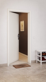 CloseUp-Milieuansicht von Wohnungseingangstür-Set Weiß RAL 9010 CPL mit Zarge und Beschlag - Interio