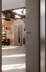 CloseUp-Milieuansicht von Hygge Grau RAL 7037 LA 24 bandseitig Mattlack Basic Innentür - Huga