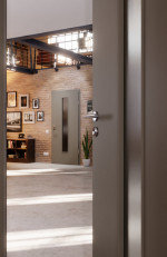 CloseUp-Milieuansicht von Hygge Grau RAL 7037 LA 24 mittig Mattlack Basic Innentür - Huga