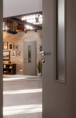 CloseUp-Milieuansicht von Hygge Grau RAL 7037 LA 4 mittig Mattlack Basic Innentür - Huga