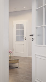 CloseUp-Milieuansicht von HUGA Innentür Landhaus 2 Weißlack Classic mit Lichtausschnitt LA Sprosse 2/3