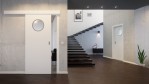 Schiebetür Weiß RAL 9016 CPL Bullauge Edelstahl - Interio mit vor der Wand laufendem System im Wohnzimmer
