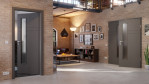 Main-Milieuansicht von HÖRMANN Doppelflügeltür Groove 78 Staubgrau RAL 7037 Lack DesignLine mit Lichtausschnitt LA 24 schlossseitig mit Zarge