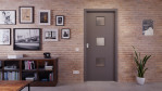 Front-Milieuansicht der in der Wand laufenden Huga Schiebetür Hygge grau RAL 7037 Duradecor Basic mit Lichtausschnitt LA 10