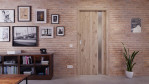 Front-Milieuansicht der in der Wand laufenden HÖRMANN Schiebetür Pure 1 Nordeiche Duradecor DesignLine mit Lichtausschnitt Bandseite