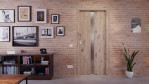 Front-Milieuansicht der in der Wand laufenden HÖRMANN Schiebetür Pure 1 Nordeiche Duradecor DesignLine mit Lichtausschnitt mittig