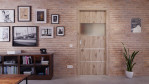 Front-Milieuansicht der in der Wand laufenden HÖRMANN Schiebetür Pure 2 Nordeiche Duradecor DesignLine mit Lichtausschnitt quer mit bündiger Lisene Steel 80-7