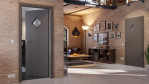 Main-Milieuansicht von Huga Innentür Hygge grau RAL 7037 Duradecor Basic mit Lichtausschnitt LA 6 Raute