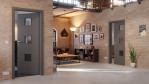 Main-Milieuansicht der in der Wand laufenden Huga Schiebetür Hygge grau RAL 7037 Duradecor Basic mit Lichtausschnitt LA 10