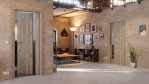 Main-Milieuansicht der in der Wand laufenden HÖRMANN Schiebetür Pure 1 Nordeiche Duradecor DesignLine mit Lichtausschnitt Bandseite
