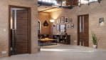 Main-Milieuansicht der in der Wand laufenden HÖRMANN Schiebetür Pure 1 Alpineiche quer Duradecor DesignLine mit Lichtausschnitt Schlossseite