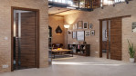 Main-Milieuansicht der vor der Wand laufenden HÖRMANN Schiebetür Pure 1 Alpineiche quer Duradecor DesignLine mit Lichtausschnitt Schlossseite