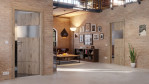 Main-Milieuansicht der in der Wand laufenden HÖRMANN Schiebetür Pure 2 Nordeiche Duradecor DesignLine mit Lichtausschnitt quer mit bündiger Lisene Steel 80-7