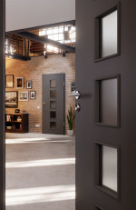 CloseUp-Milieuansicht von Huga Innentür Hygge grau RAL 7037 Duradecor Basic mit Lichtausschnitt LA 5