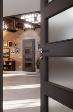 CloseUp-Milieuansicht von Huga Innentür Hygge grau RAL 7037 Duradecor Basic mit Lichtausschnitt LA 9