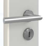 Detailansicht der Oberfläche von GARANT Schallschutztür D92-60 Dove Grey Resopal mit Lichtausschnitt LA-DIN