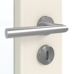 Detailansicht der Oberfläche von GARANT Schallschutztür 0140-60 Dawn Resopal mit Lichtausschnitt LA-4 schlossseitig
