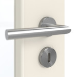 Detailansicht der Oberfläche von GARANT Schallschutztür 0140-60 Dawn Resopal mit Lichtausschnitt LA-5 schlossseitig