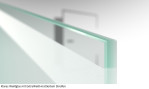 Beispiel Glasart ESG-ExtraWeiß klar mit mattiertem Streifen für Sinus 2 Motiv matt Glaspendeltür mit zwei festen Seitenteilen und Oberlicht DORMA Tensor Variante 5 - Erkelenz