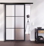 Ansicht von Schiebetür-Set Stahl Lofttür mit Sprossen 1-2 satiniert inkl. Schiebetürsystem Smart Line Soft - Lienbacher Glas