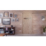 Front-Milieuansicht der vor der Wand laufenden HÖRMANN Schiebetür Pure 1 Nordeiche Duradecor DesignLine mit Lichtausschnitt quer