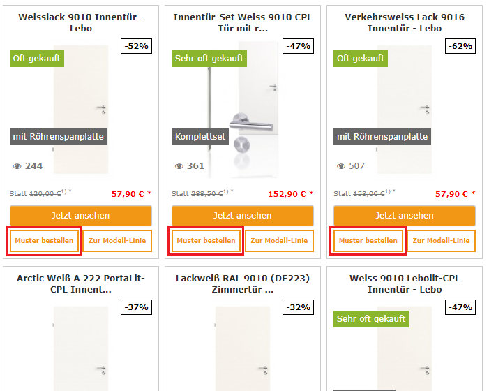 Muster online bestellen Produktlisting mit Muster-Button